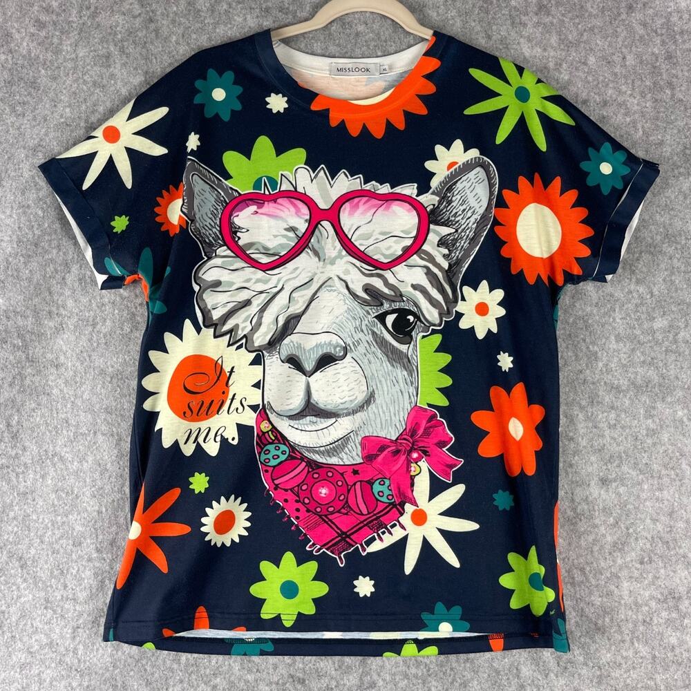 Misslook Llama Top Womens XL Floral Animal Print Graphics Short Sleeve‎ Colorful
